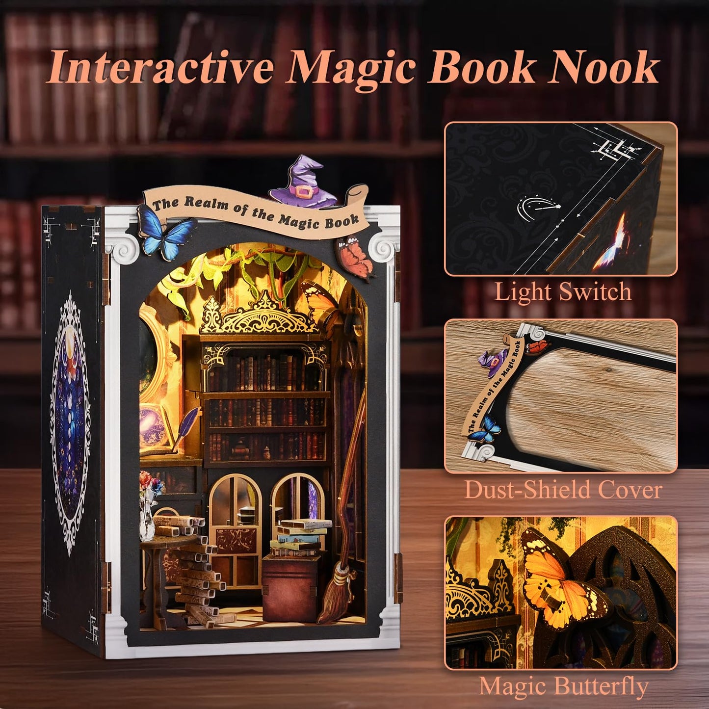 Book Nook Kit Magic Book of Mirrors Wooden Dollhouse， DIY Tiny House Miniature with LED Light, Fantasy Wooden Decor Display for Adults, Tiny Homes to Live in for Bookshelf, Battery Not Included