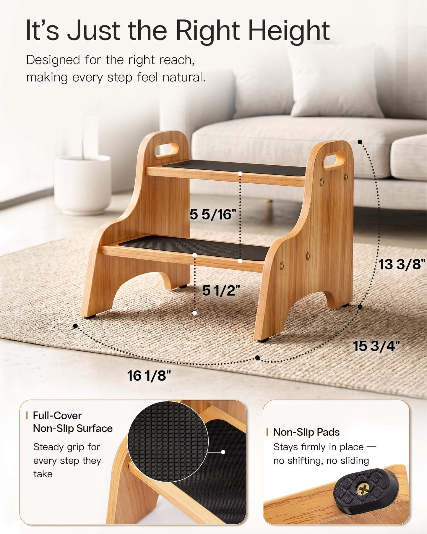 StrongTek 2 Pack Wooden 2 Step Stools, Non-Slip Surface, Skid-Resistant Foot Pads, 350 lb Capacity, Portable with Handles, Sturdy Step Stool for Kitchen, Bathroom, Bedroom and Home Use