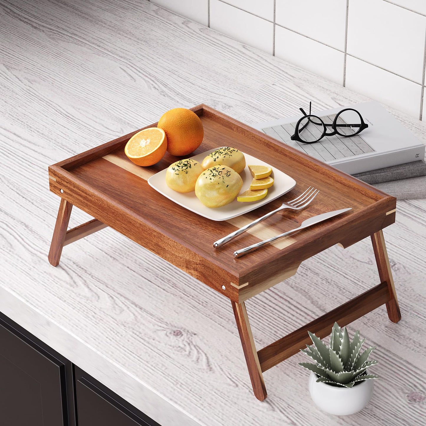Fibogollo 2 Pack Acacia Wood Bed Tray Table with Folding Legs,Breakfast Trays,Serving Tray for Food and Snack,Laptop Trays for Working(Natural)