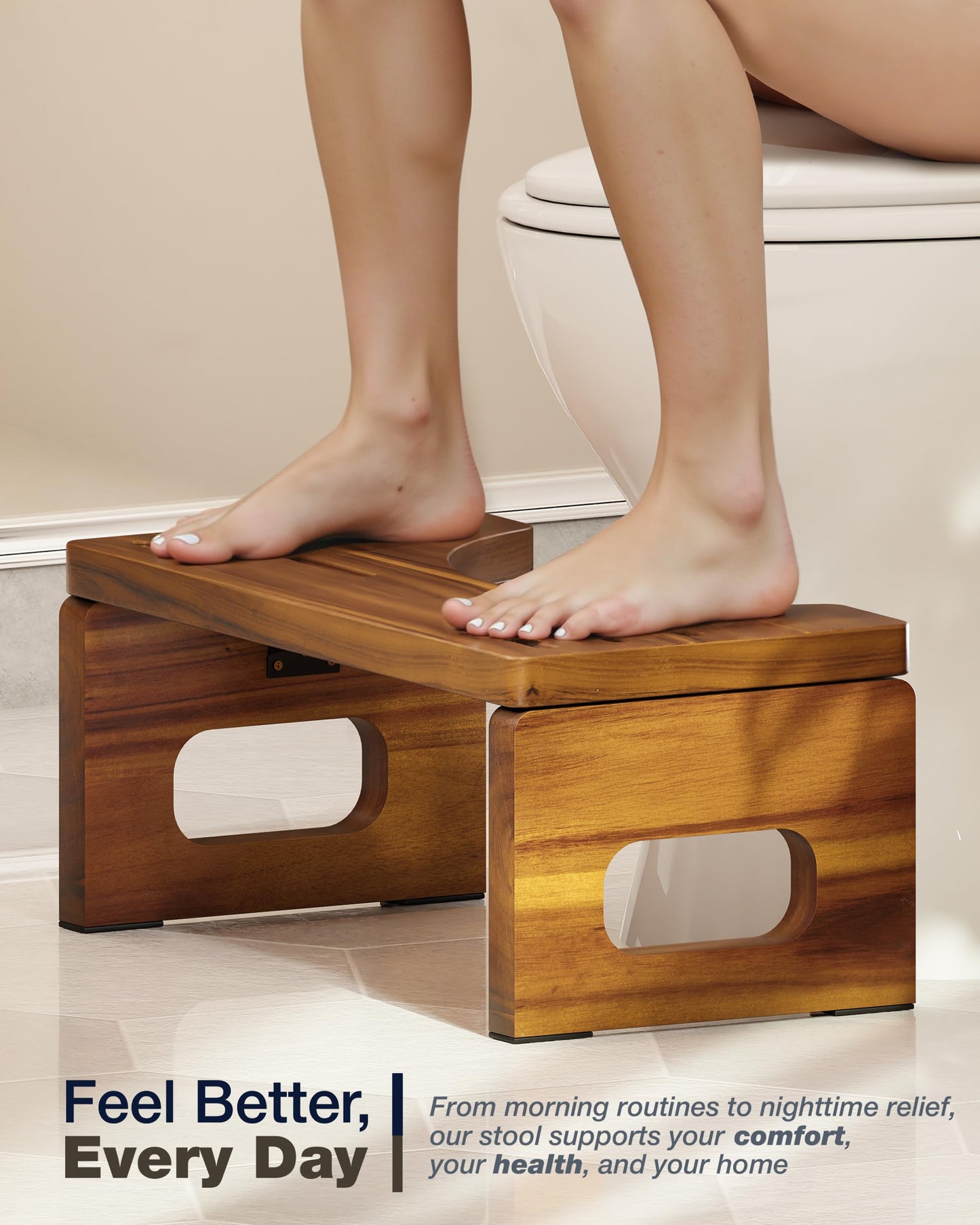 BLUEWEST Acacia Wood Foldable Toilet Stool for Adults, 7 Inch Poop Stool for Bathroom, Non-Slip Toilet Step Stool with Space-Saving Collapsible Design