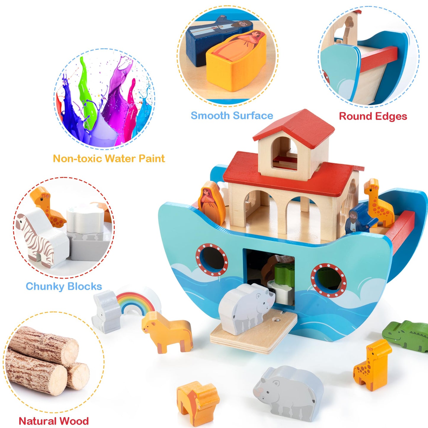 JUSTWOOD Wooden Noah's Ark Toy for Toddlers 1+ Years, Baptism Gift for Boys and Girls, Baby Montessori Educational Animal Shape Sorter Toy with Bible Story Book