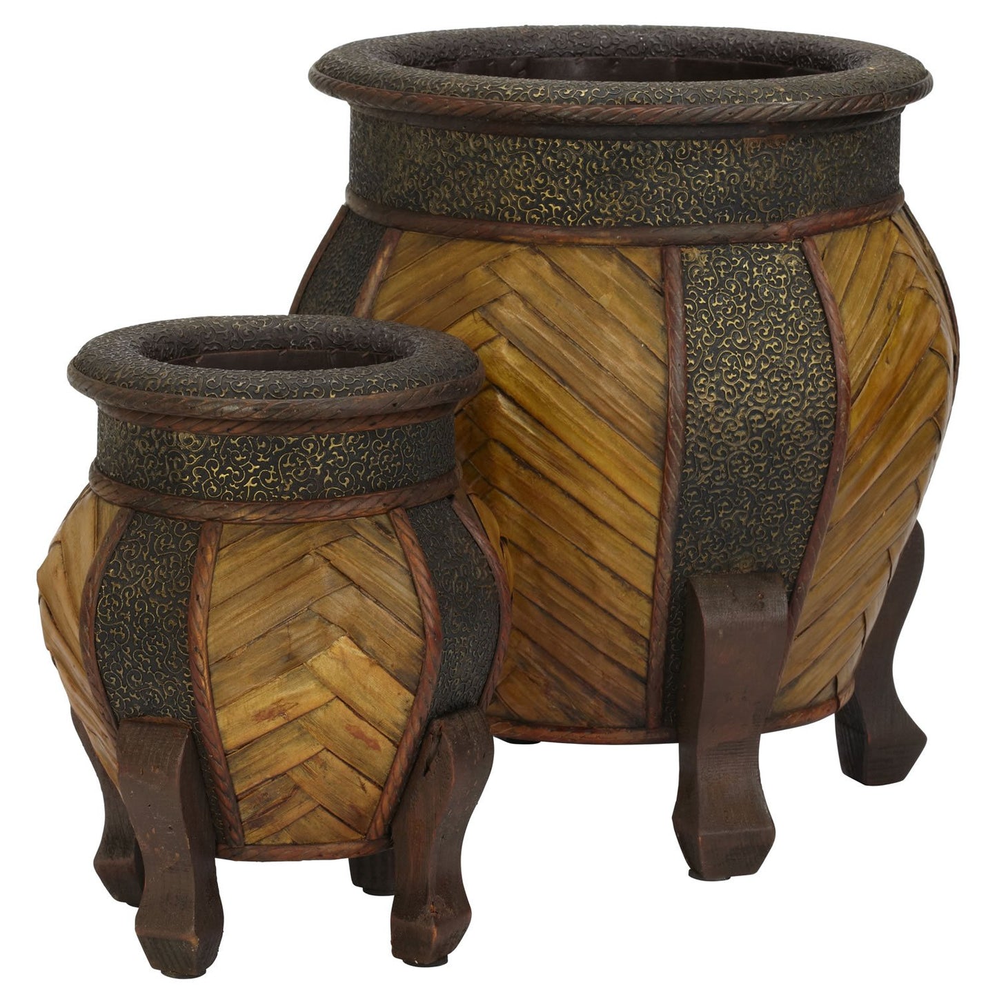 Nearly Natural 519 Decorative Rounded Wood Planters, Brown, Set of 2,Small: 8.25w x 8.25d x 10.75h, Large: 12w x 13d x 15h