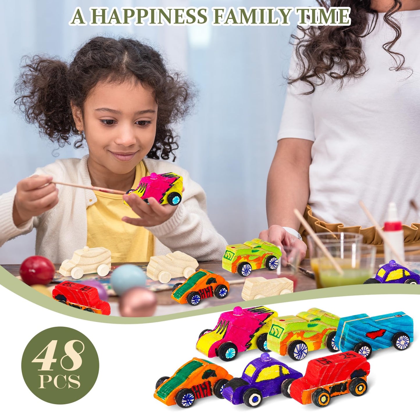 Lenwen 48 Pcs Wooden DIY Car Toys for Party Unfinished Wooden Cars, Wood Truck Wood Graffiti Toy Truck and Crafts DIY for Students Girls Boys Activities Craft Projects Woodworking (Cute)