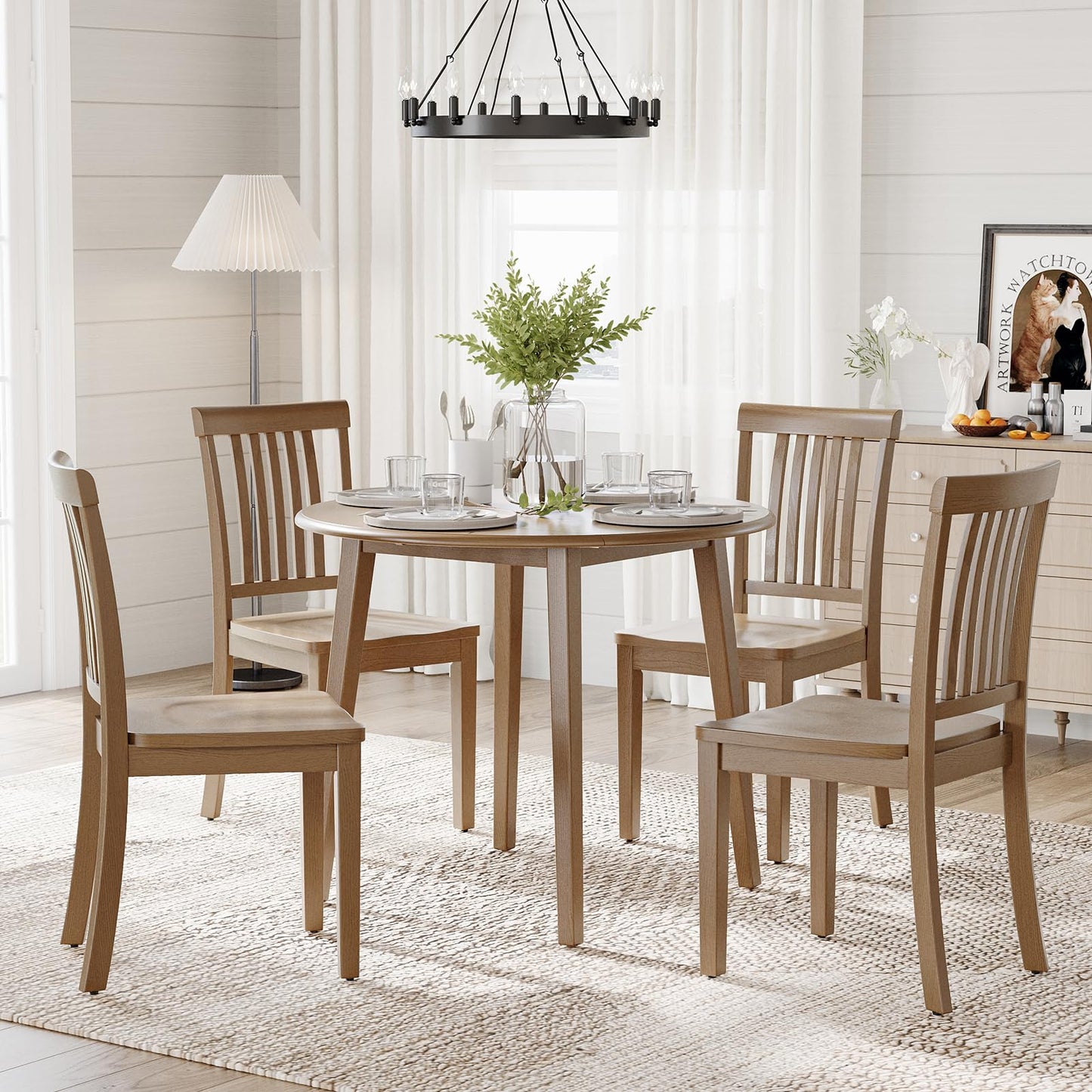 COLAMY Wooden Dining Chairs Set of 4, Solid Rubberwood Kitchen & Dining Room Chairs, Farmhouse Rustic Side Chairs for Dining Table, Anti-Slip Protection, Classic Windsor Style Seating, Oak Light Brown
