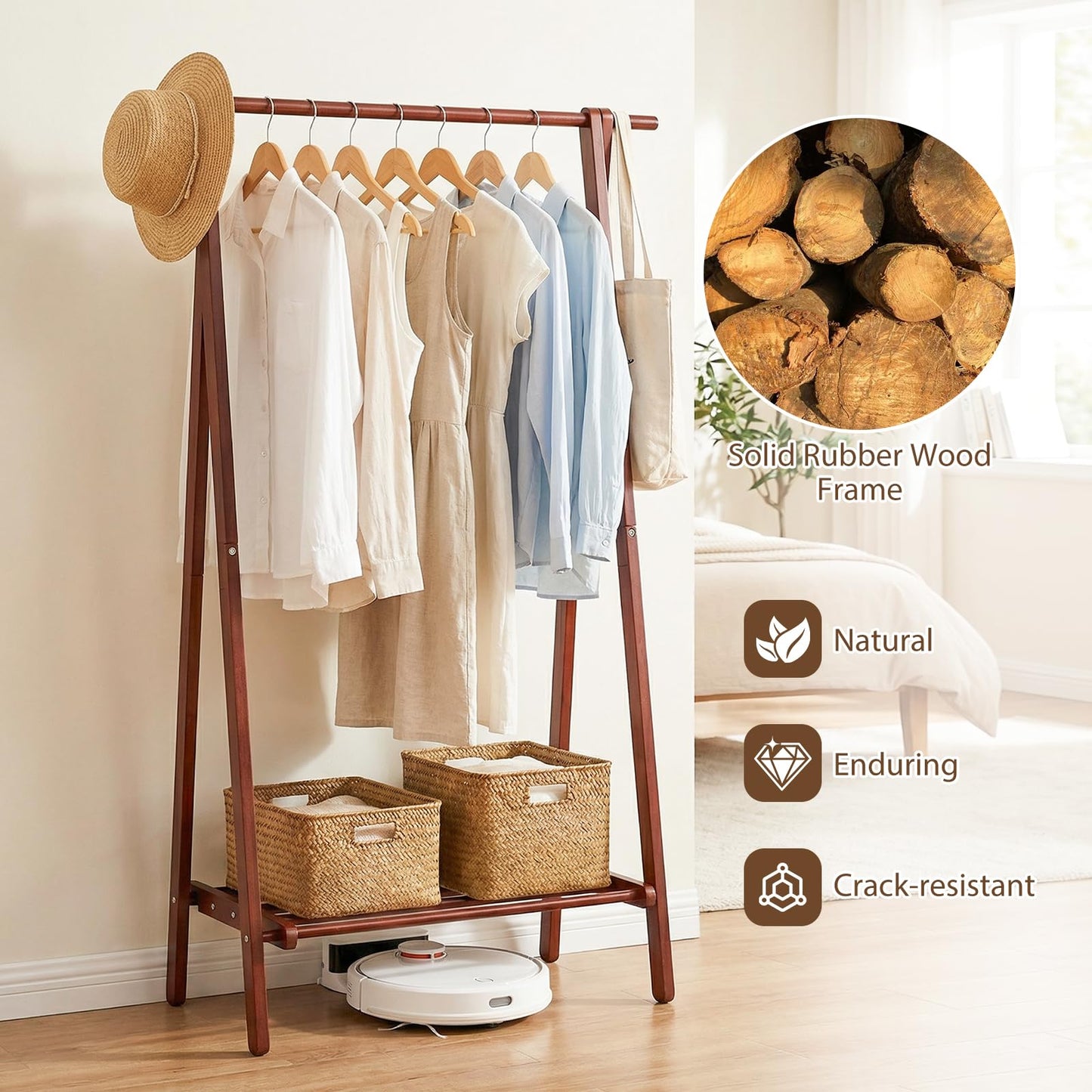 Giantex Folding Clothes Rack, Solid Rubber Wood Clothes Hanging Stand with Storage Shelf for Garments Hats Handbags, Wooden Clothing Rack for Bedroom, Living Room, Entryway