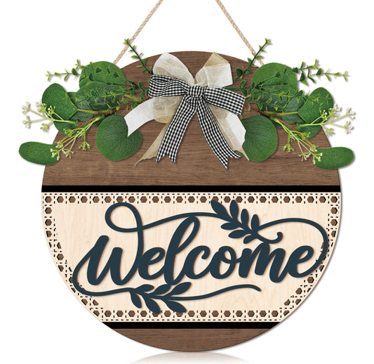 LHIUEM 3D Rustic Welcome Sign Decor,Rustic Round Farmhouse Wall Signs,Floral Wreath Wooden Decorations,Boho Style Porch Decor,Housewarming Gift for Living Room Indoor Outdoor