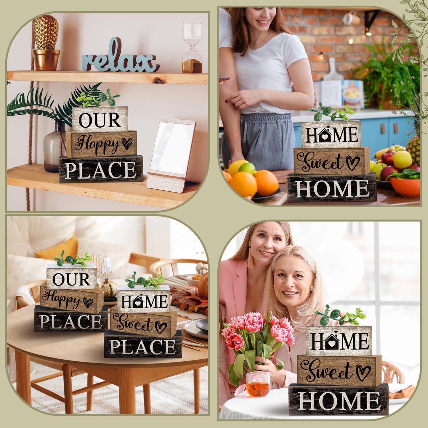 Briwooody 4 Pcs Farmhouse Wooden Table Decor Reversible Sweet Home Tiered Tray Decor Rustic Eucalyptus Leaves Wood Block Sign Gifts for Home Table Kitchen Shelf Fireplace Mantel Decoration