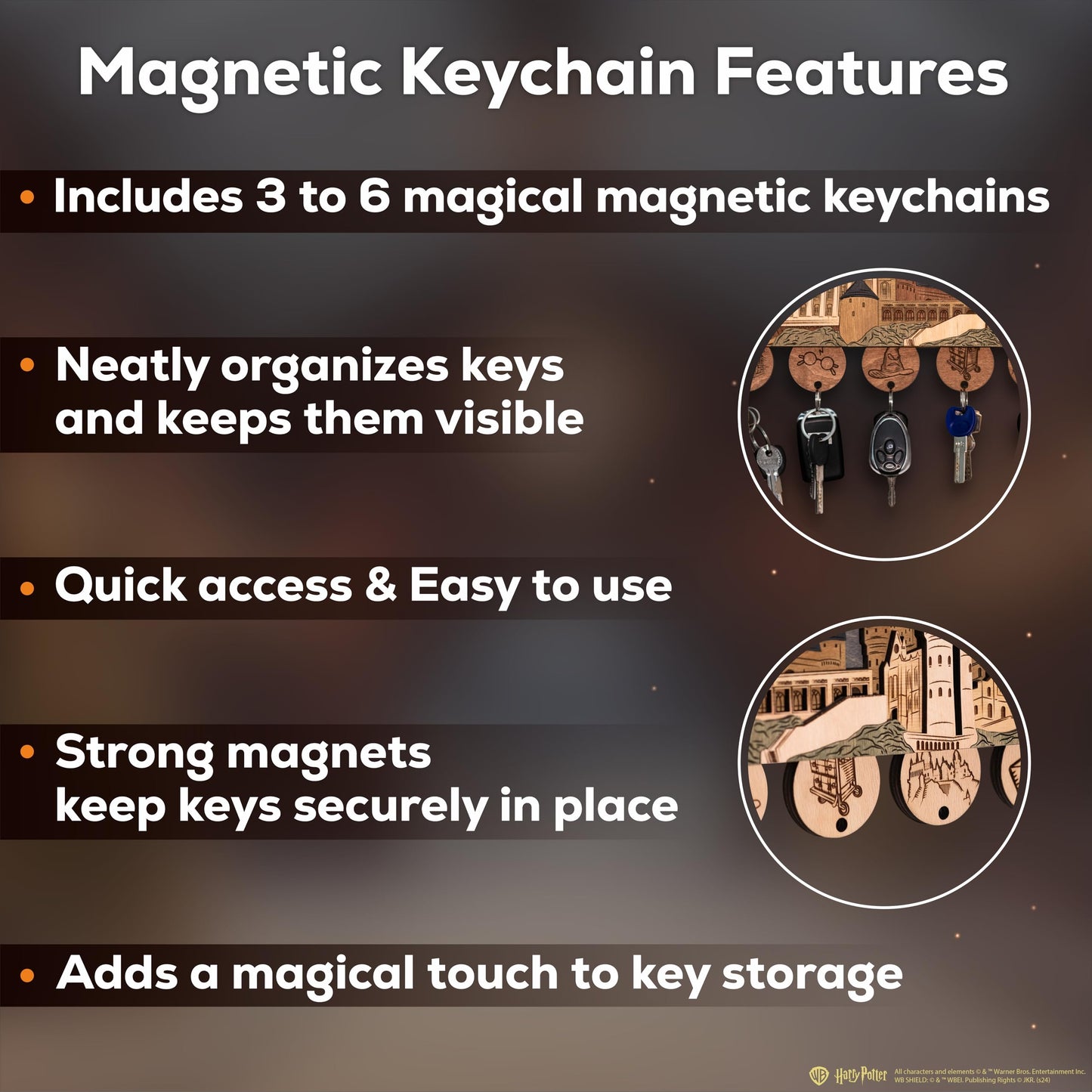 ZE WOOD Hogwarts Magnetic Key Holder - Harry Potter 3D Key Holder with Magnetic Keychains - Unique Collectible Wooden, Home Decor for Harry Potter Fans (Night Edition, M, 3 Keychains)