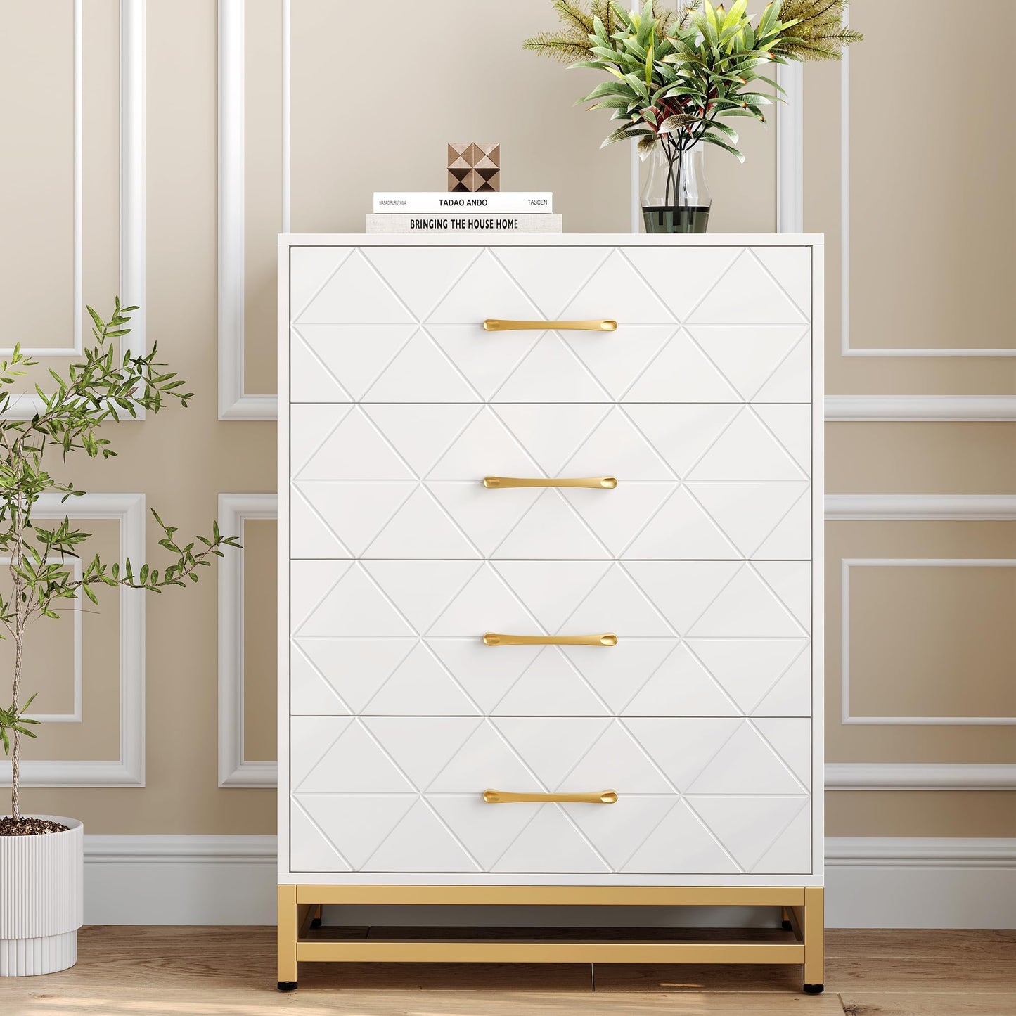 GarveeHome Wooden Dresser for Bedroom, Dressers & Chest of Drawers with 4 Drawer, Wood nightstand for Storage and Organization (White)