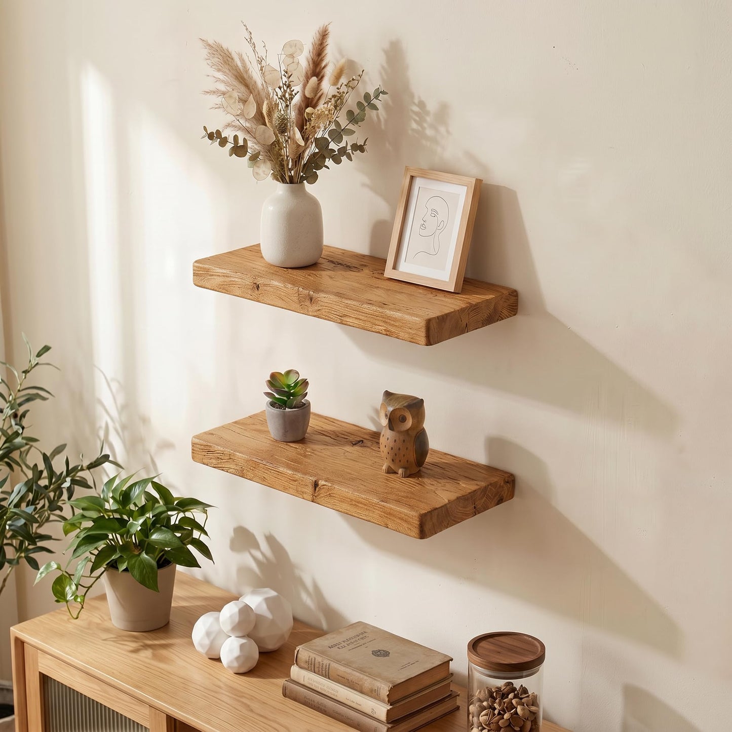 Dreamland Solid Elm Wood Floating Shelves, 18" W x 8" D Floating Shelf Wall Mounted, 8 Inch Deep Wall Shelves - Wooden Bathroom Shelf, Deep Bookshelf for Living Room, Kitchen Wall Shelf, Set of 2