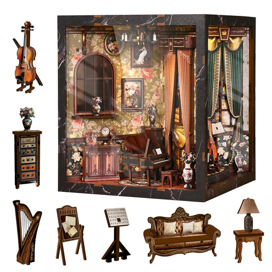 CRIOLPO Book Nook Kit for Adults, 3D Wooden Puzzle DIY Doll House Kit Music Room Bookshelf Insert Diorama with Furniture Tiny House Model Craft Kit Vintage Home Decor Gift for Teens and Adults