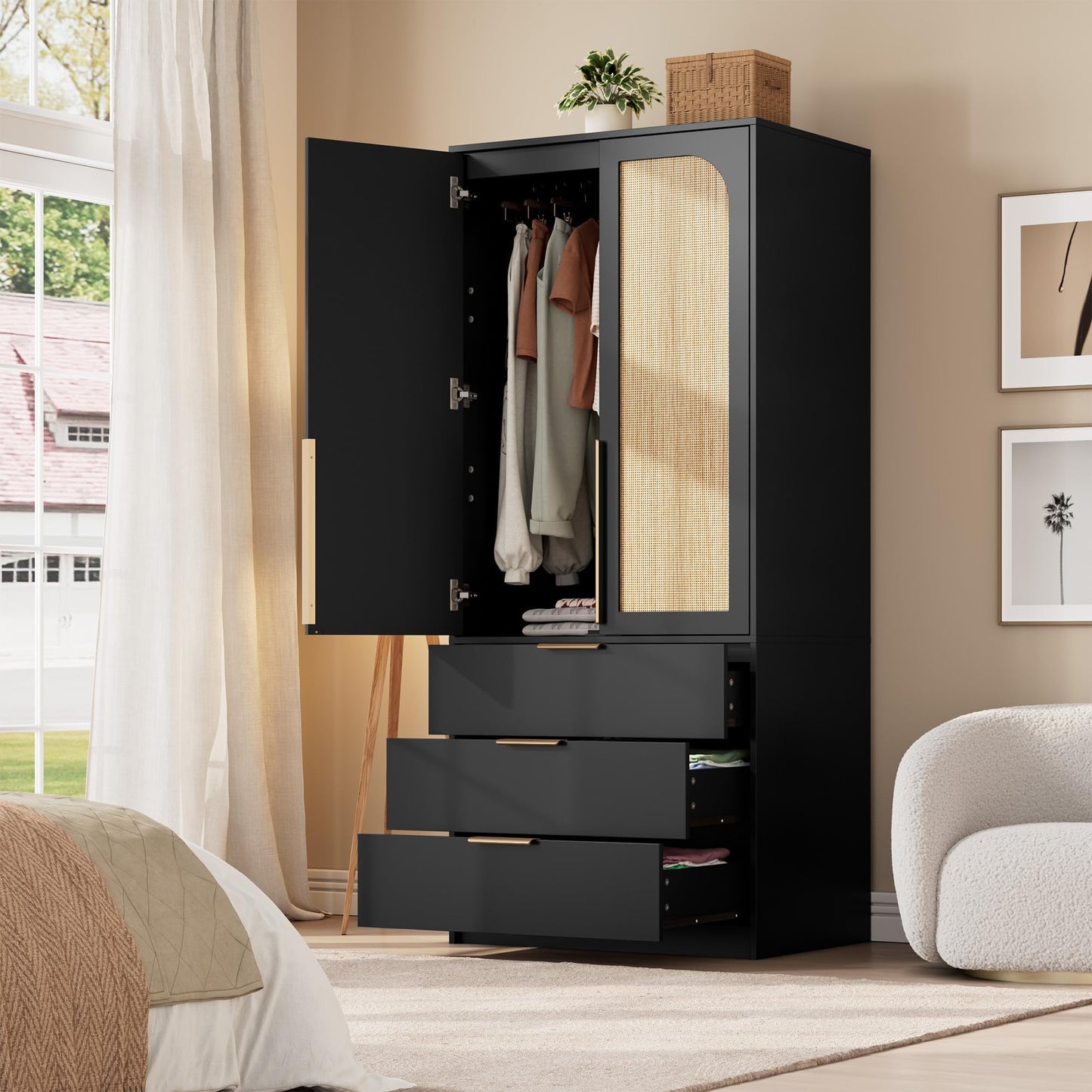 Garvee 70" Wardrobe Armoire Wooden Closet with 2 Doors and 3 Drawers, Bedroom Armoire with Hanging Rod Shelf, Large Capacity Storage Wardrobe Armoire, Freestanding Wooden Closet Storage Cabinet
