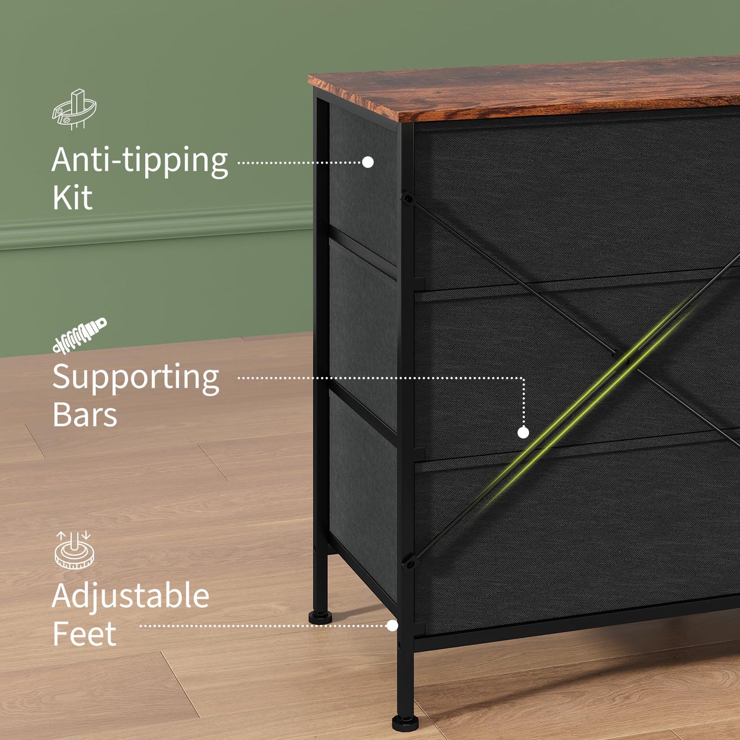 Garvee 8 Drawer Fabric Dresser TV Stand with Wooden Top, Metal Frame Storage Chest, Wide Closet Organizer for Bedroom Living Room Hallway, Natural Wood, 62.99 x 26.77 x 13.79 Inches