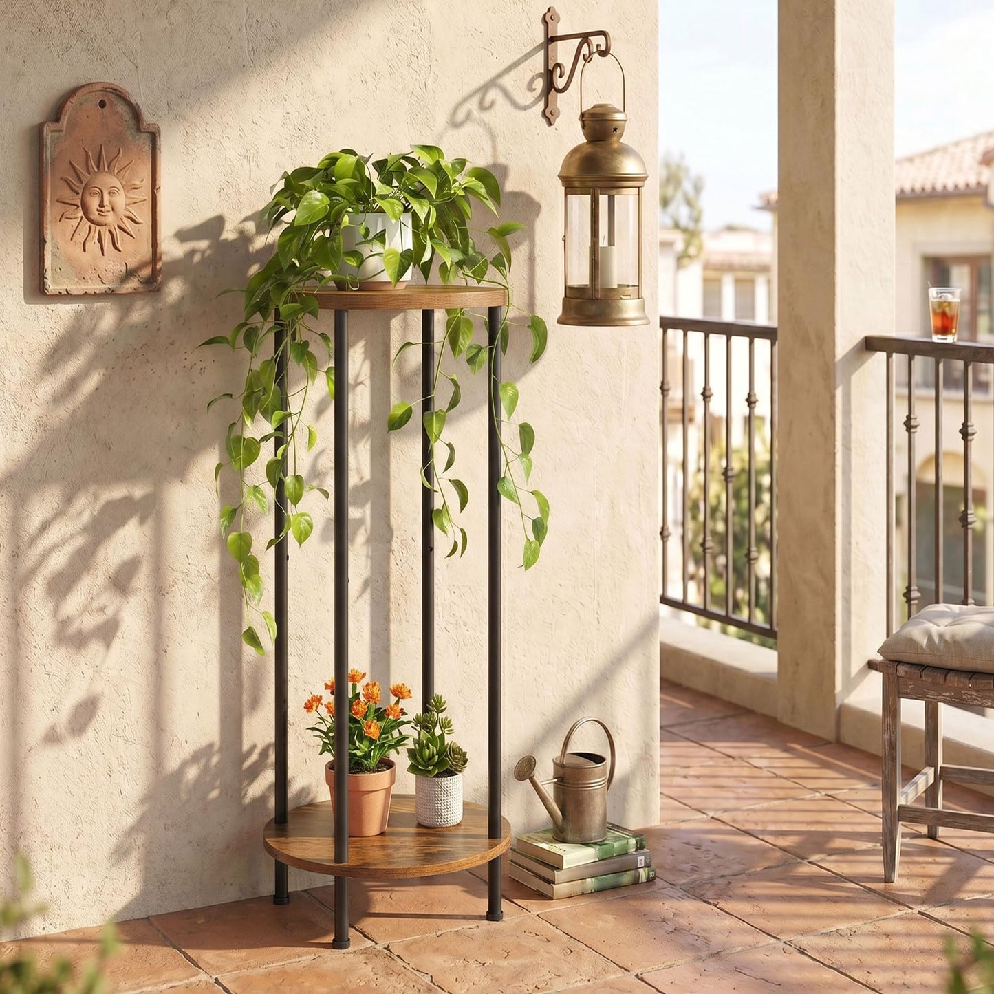 HOOBRO Plant Stand Indoor, 2 Tier 32.8" Tall Small Plant Shelf for Small Space, Round Potted Holder Rack, Modern Flower Stand for Living Room Balcony Garden, Rustic Brown and Black BF15HJ01