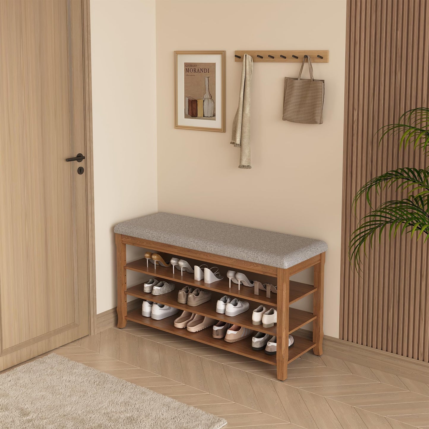 Drogenble SolidWood Entryway Shoe Storage Bench, Flip-Top Soft-Close Lid, Adjustable Shelves, Cushioned Entryway Shoe Rack Organizer,Hallway, Closet, Foyer 39.4''