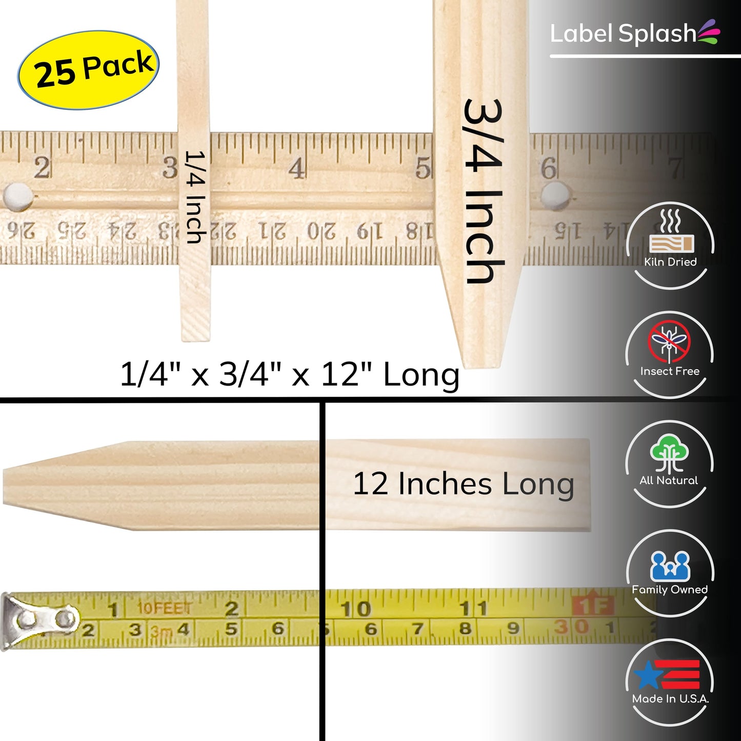 25 Pack Wooden Garden Stakes, 12" Long x 3/4" Wide, Made in USA Pine Plant Markers, Chisel Point Yard Stakes for Gardening, Row Labels, Signs & Crafts