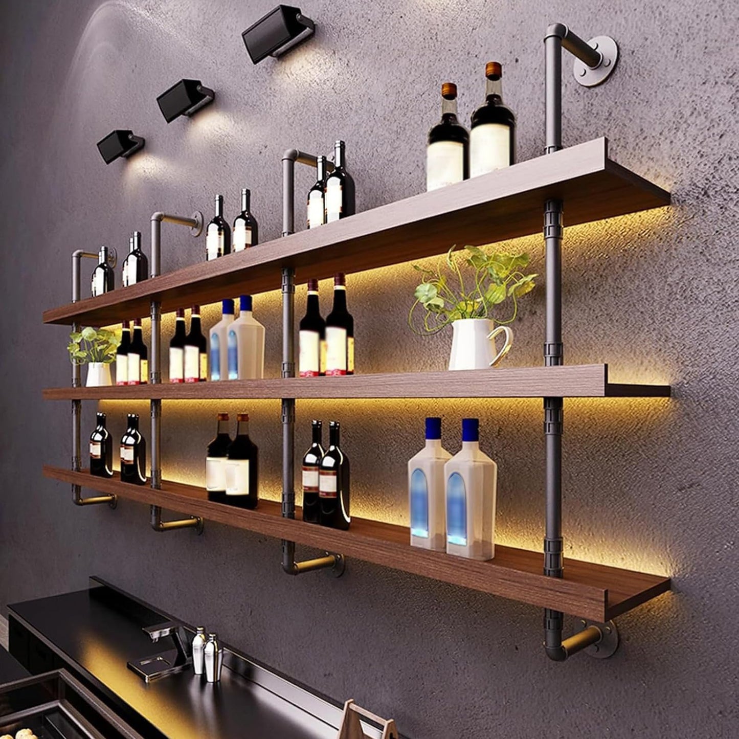 Dawselod 39.7in Large Wine Rack with LED Light Solid Wood Wall Mounted Wine Rack, 3-Tiers Liquor Bottles Floating Shelves Display Storage Organizer for Home Bar & Dining Room (100cm/39.7in)