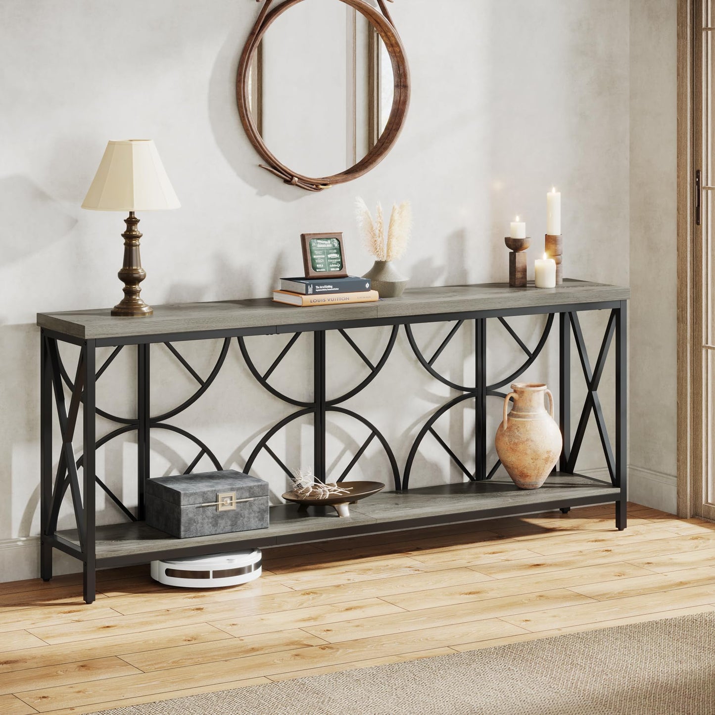 Celaform 70.9-Inch Extra Long Sofa Table, Narrow Console Table Behind Couch with Storage for Entryway, Living Room, Entrance, Hallway, Foyer, Unique Geometric (Grey)