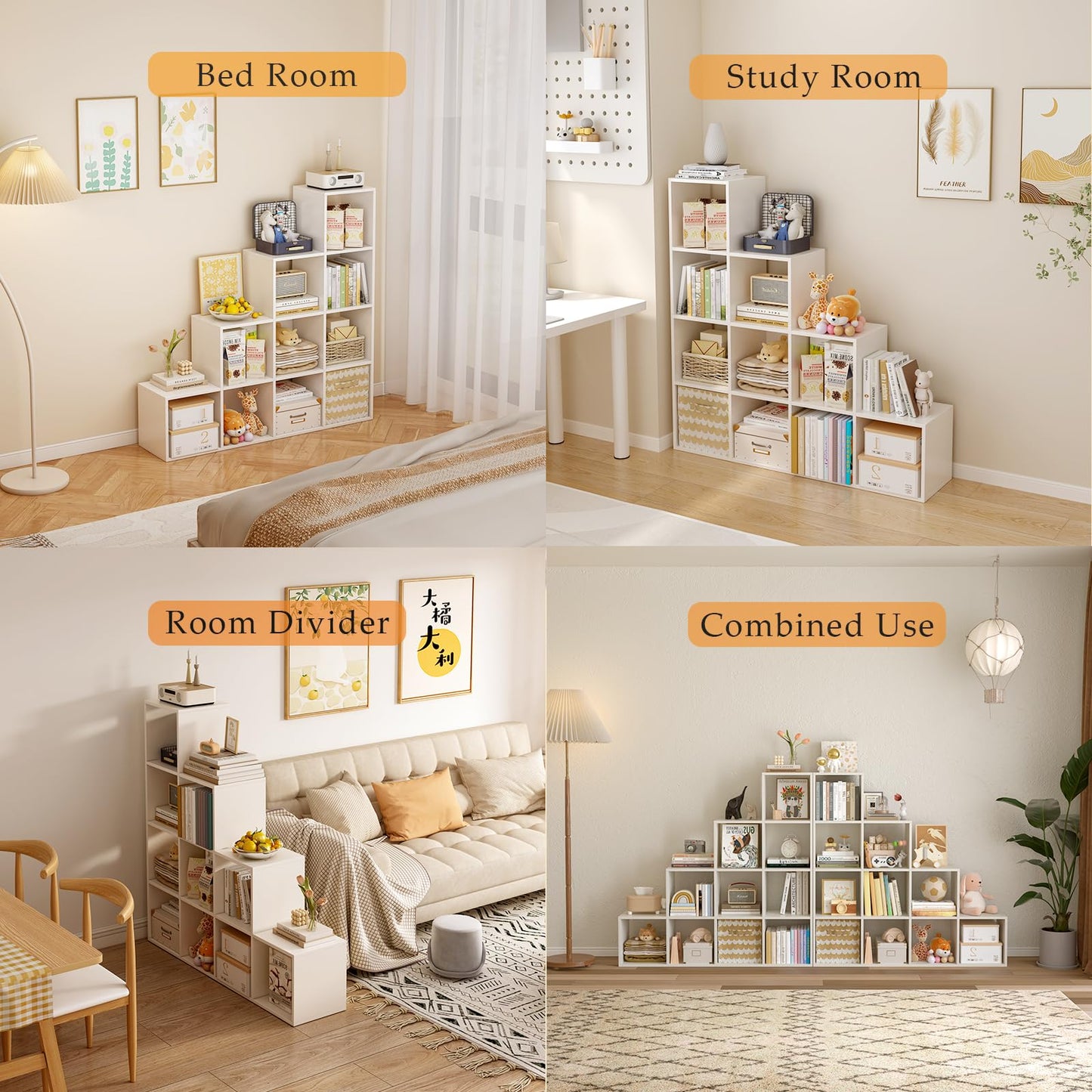 OSCHF Ladder Cube Storage Bookcase - Wooden L-Shaped 4-Tier Corner Shelf, Reversible 10-Cube Organizer for Home & Office, White