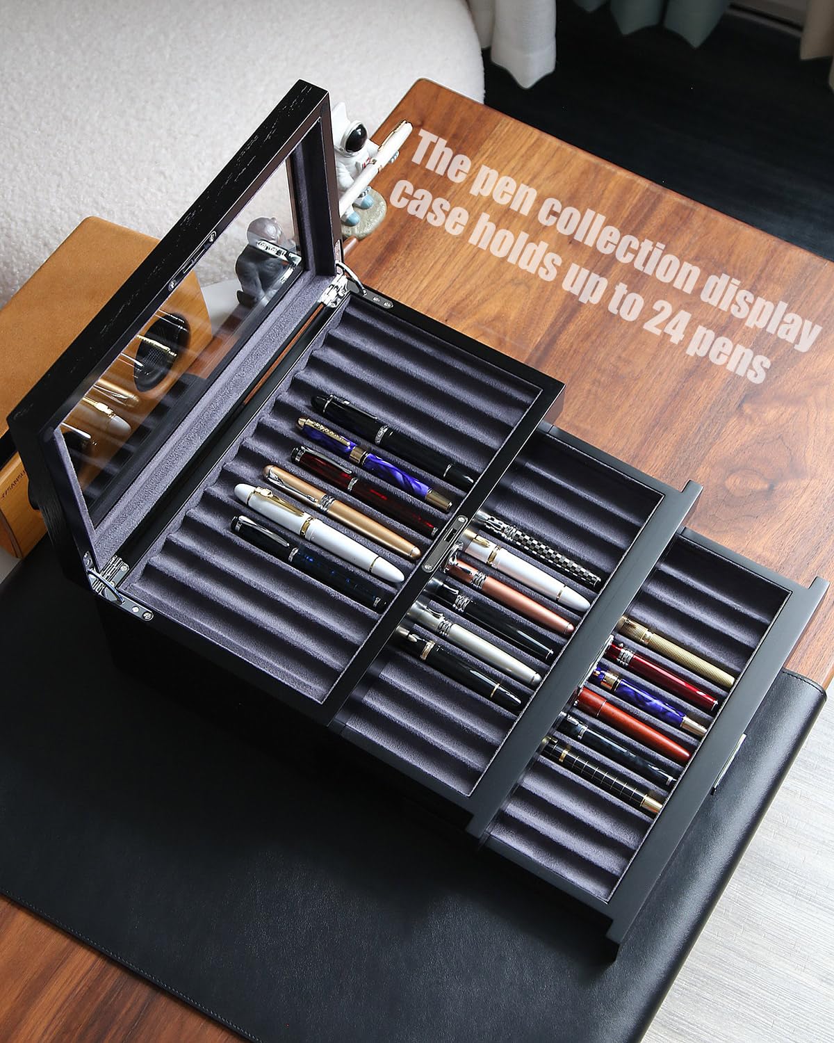 Besforu wood pen display case 36 slot Fountain pen Box storage Organizer with drawer, Top Glass Window Pen Collection Display Case
