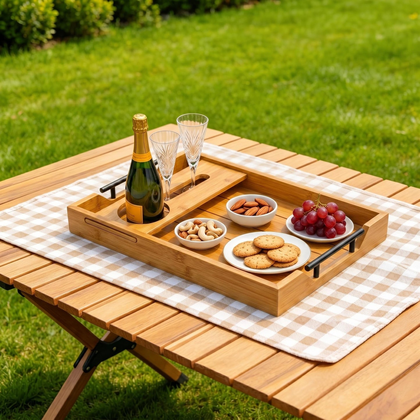 Bamboo Serving Tray with Wine Glass Holder, Couch Snack Tray with Handles for Wine, Cheese and Fruit, Movie Night Tray for Sofa, Coffee Table, Wedding and Housewarming Gift