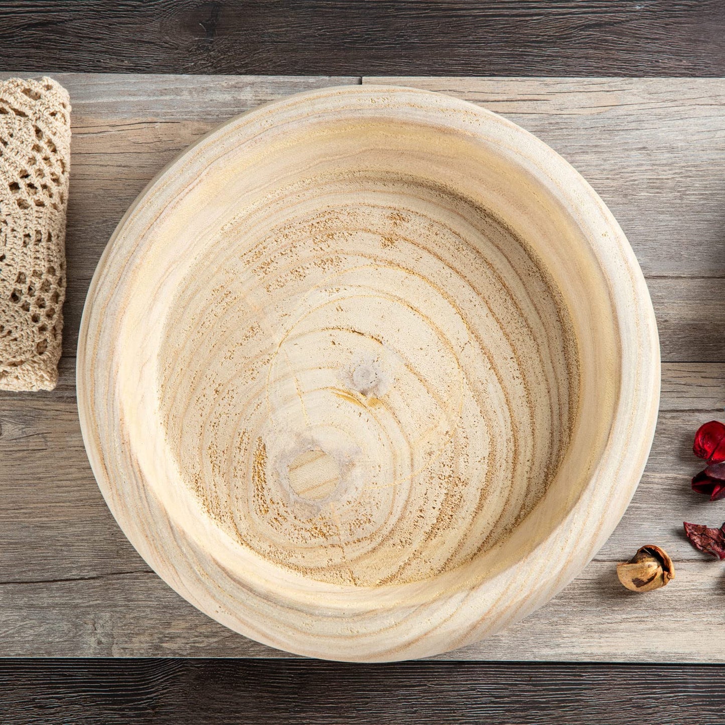 GYHJA Decorative Wood Bowl Hand Carved Centerpiece Paulownia Round Dough Serving Wooden Bowls For Decor Large, Natural(11.4in)