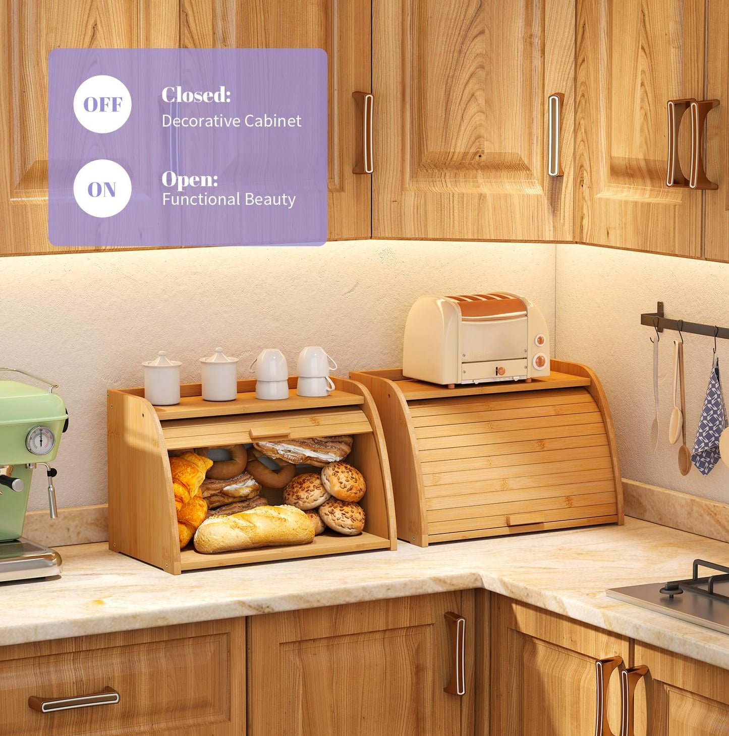 Wieghda Natural Bamboo Kitchen Storage Roll Top Bread Box,Bread box for Kitchen Countertop