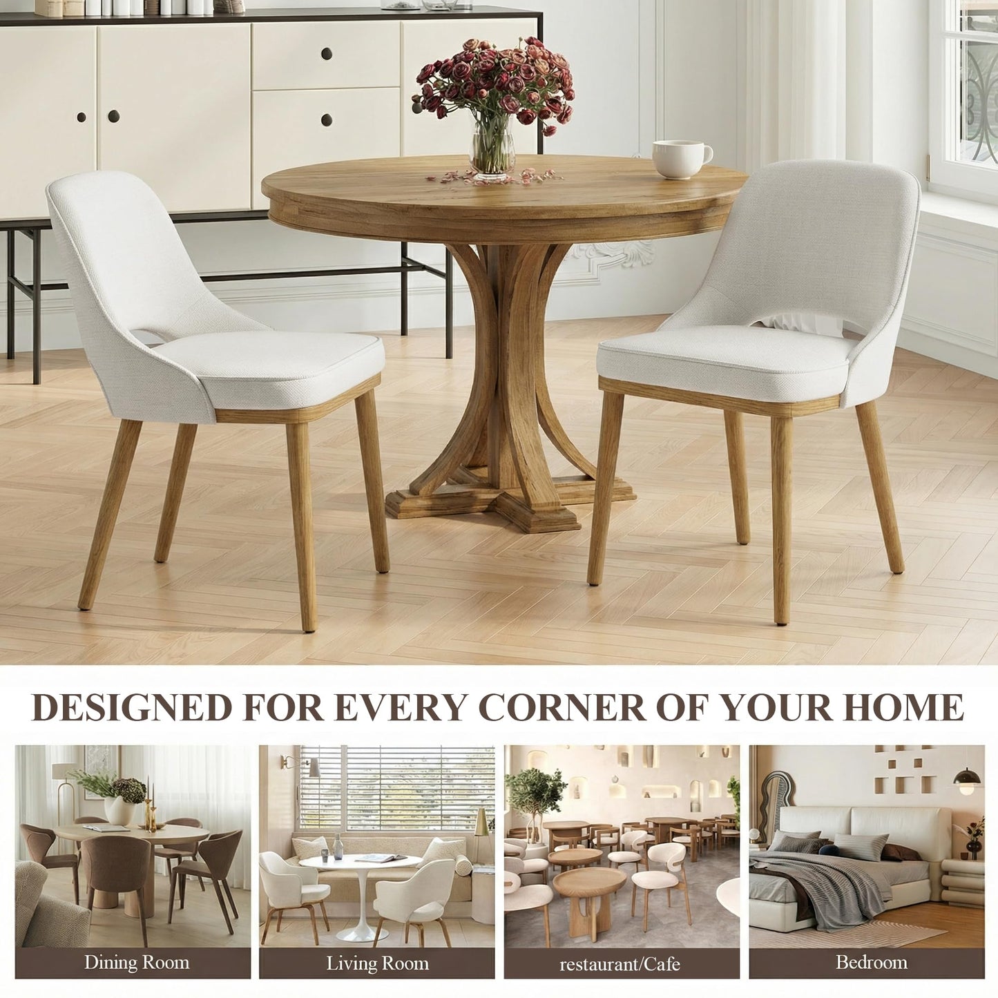 MALOL Wooden Dining Chairs Set of 2, Modern Fabric Upholstered Dining Room Chair, Kitchen Side Chairs, Farmhouse Armless Dinner Chair with Open Back for Kitchen, Beige