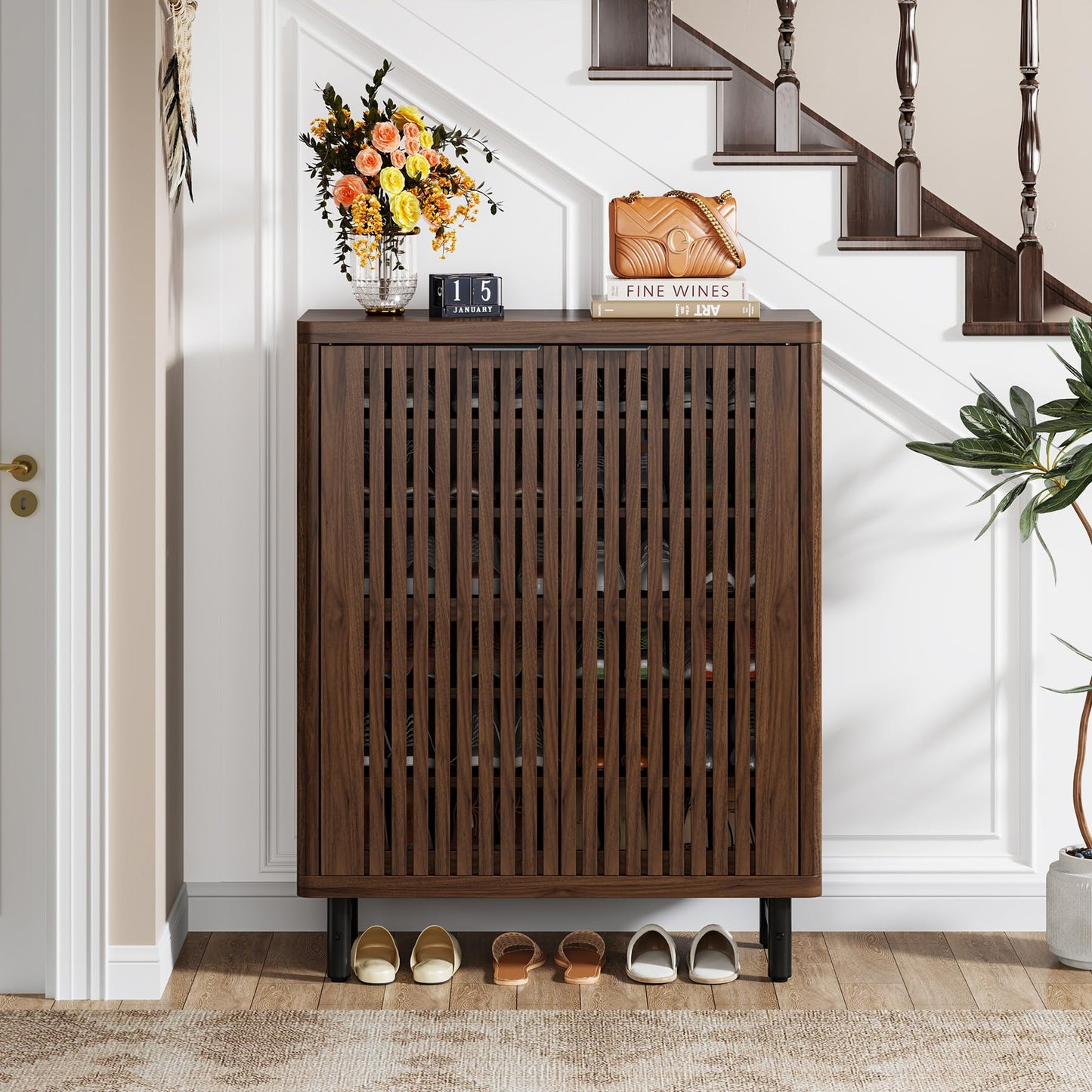 Tribesigns Farmhouse Shoe Cabinet with Shutter Doors, Large 6-Tier Wooden Shoe Organizer Rack with Adjustable Shelves, Modern Hidden Storage Furniture for Entryway, Hallway (Dark Walnut)