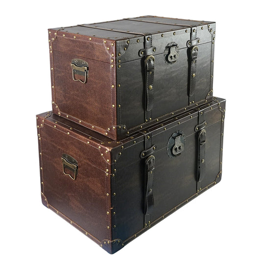 DreamsEden Large Wooden Treasure Chest Box - Vintage Decorative Storage Trunk with Hinged Lid, Big Wood Leather Memory Keepsake Box, Set of 2