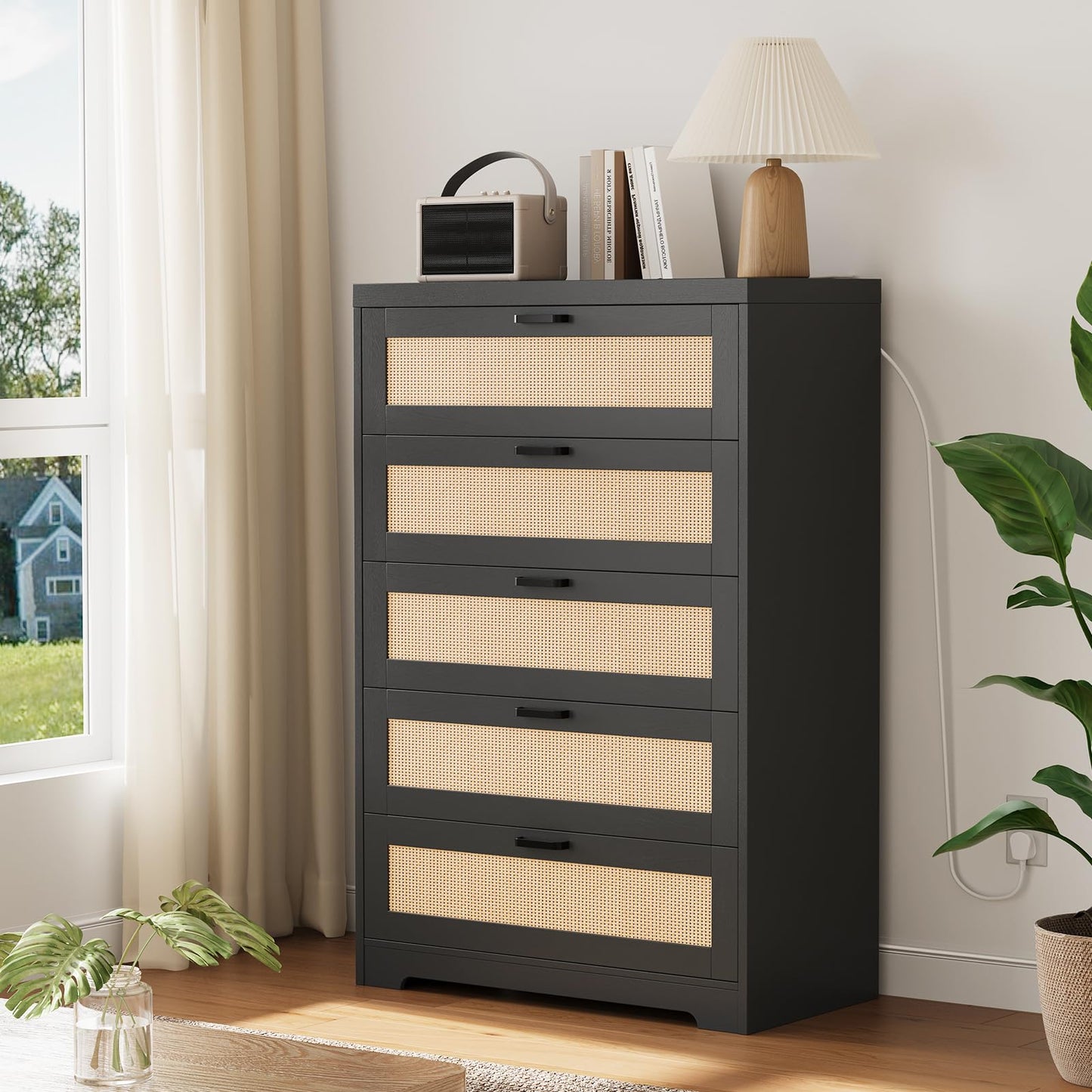 GarveeHome Rattan Dresser, Tall Chest of Drawers, Wood Dresser for Bedroom, Closet, Living Room, Hallway (Black Natural, 15.8" D x 31.5" W x 47.2" H (5 Rattan Drawers))