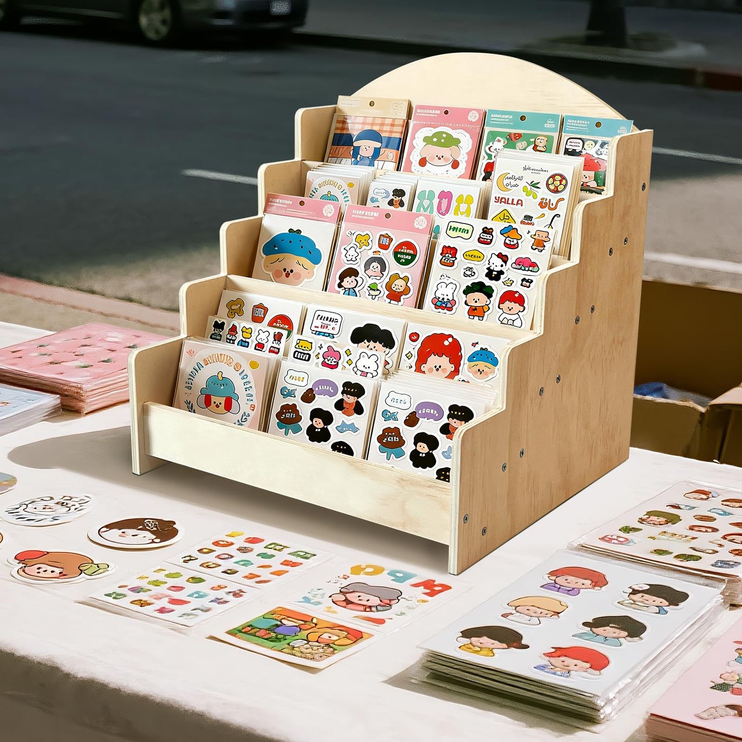 SPVIKISGO 5-Tier Greeting Card Display Stand, Wooden Rack Holder for Display Postcards, Cards, Brochure and Stickers, also for Vendors, Counter Retail
