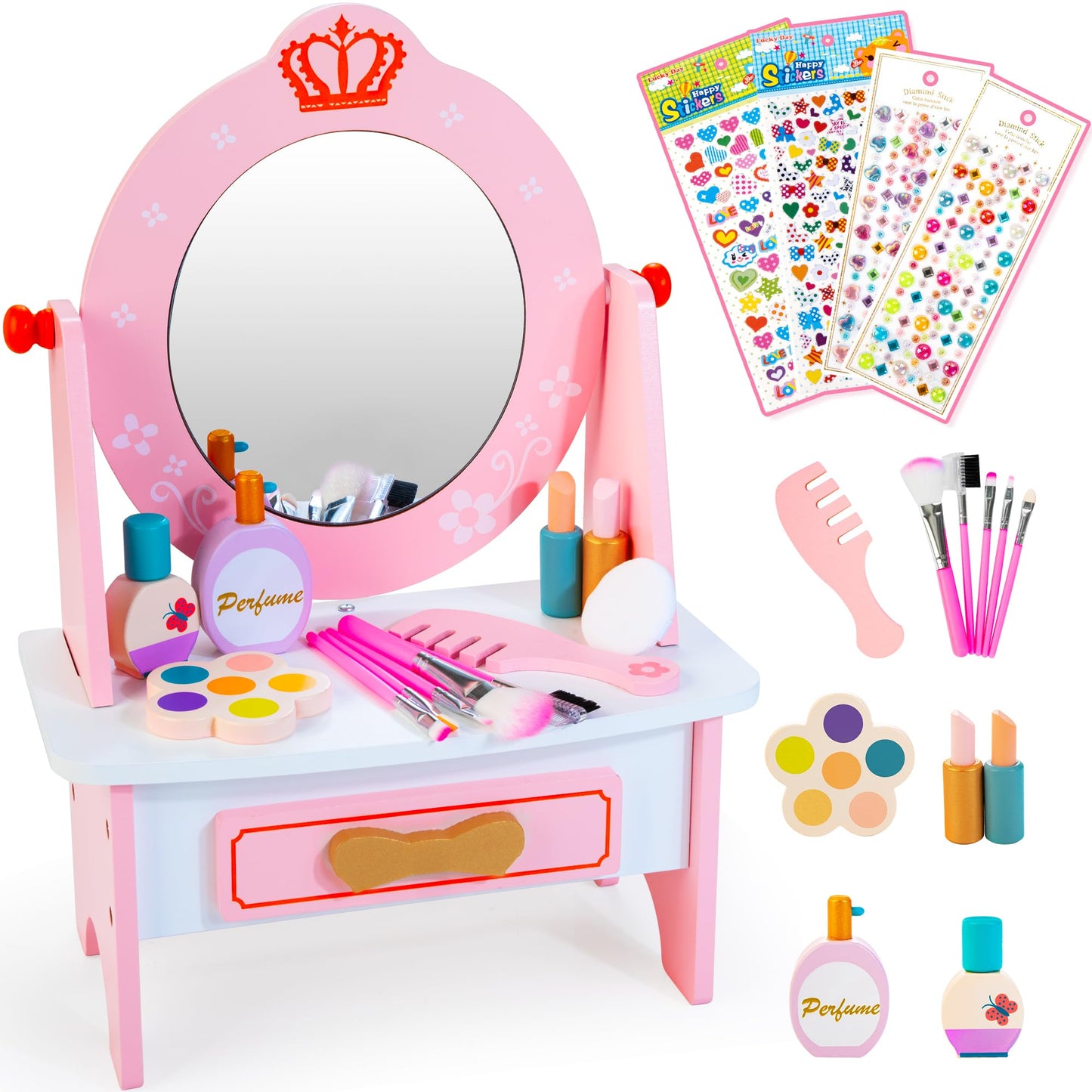 Kizfarm Wooden Dollhouse Furniture Set and Wooden Vanity Set for Kids