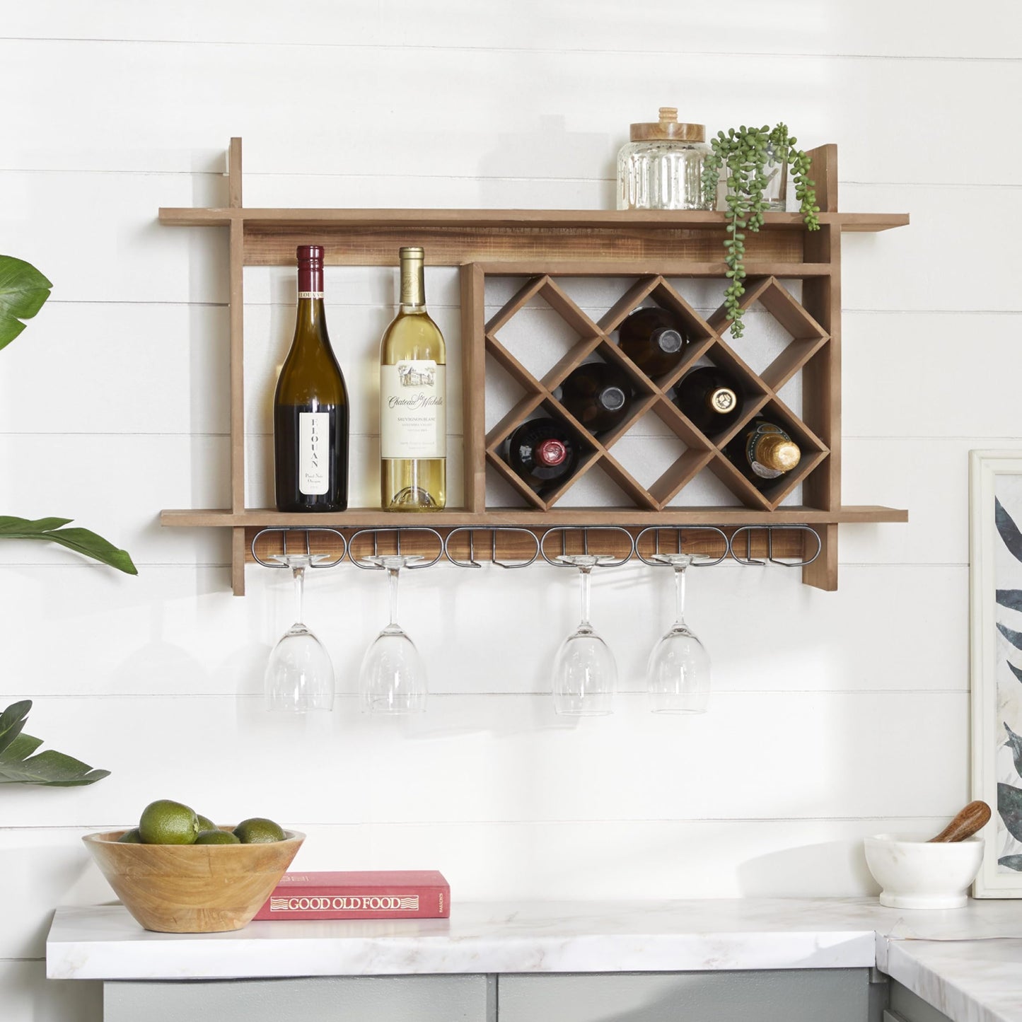 Deco 79 Wood Geometric 8 Bottle Slot Wall Wine Rack with 6 Glass Holder Slots, 34" x 8" x 20", Brown