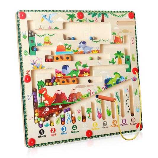 FZRMU Magnetic Maze for Toddlers 3+, Dinosaur Color and Number Maze, Montessori Wooden Color Sorting & Counting Board, Fine Motor Skills Preschool Learning Toy, Travel Gift for 3 Year Old Boys Girls