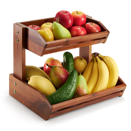 HOLANA Acacia 2 Tier Fruit Basket for Kitchen Counter Organizer – Wooden Fruit Bowl & Wooden Basket for Kitchen Counter Storage, Vegetable & Produce Storage, Snack Organizer for Countertop (Acacia)