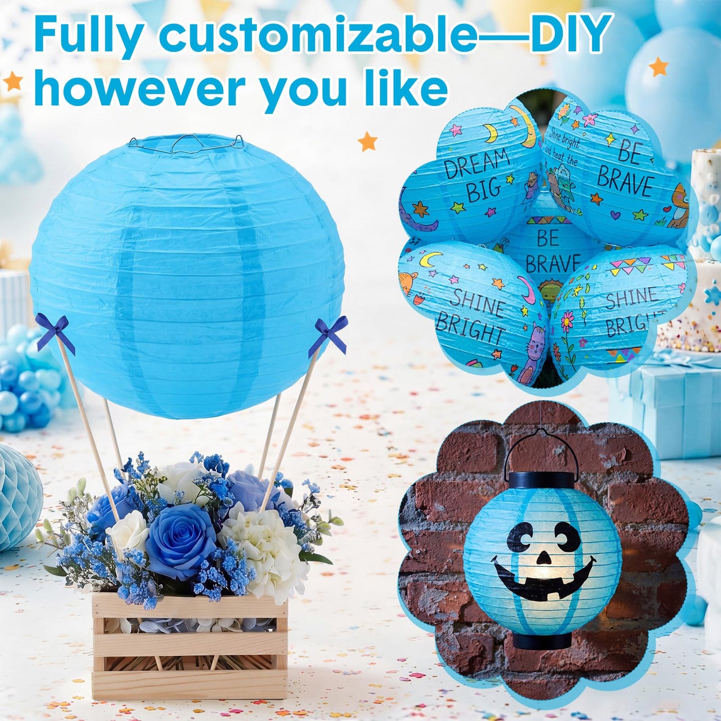Gerrii 8 Sets Blue Hot Air Balloon Table Centerpieces, 8" Paper Lanterns with Wooden Crates Bamboo Sticks and Bows, DIY Hot Air Balloon Decor for Bridal Shower Wedding Bachelorette Birthday Party