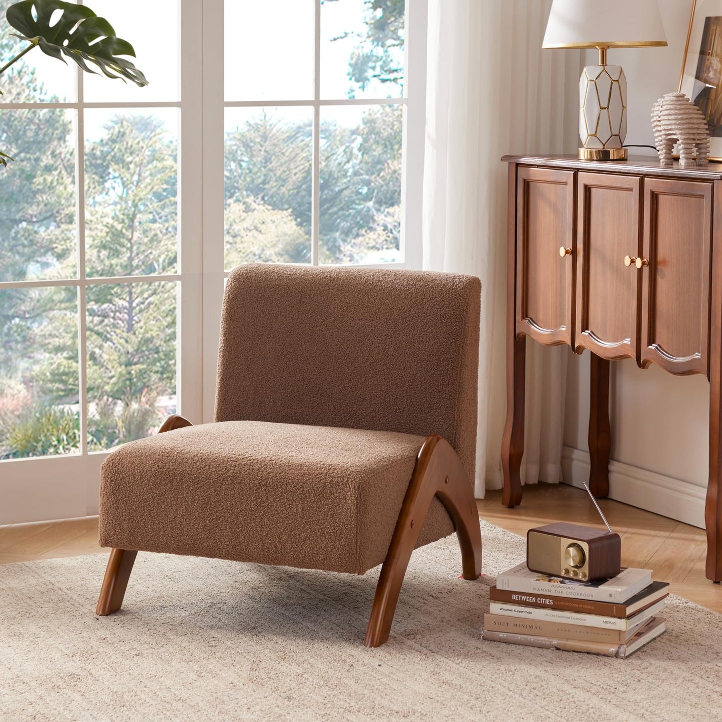 MILCIL Oversized Accent Chair, upholstered armless mid Century Modern Living Room Chair with Wooden Legs for Bedroom/Office/Cafe, Sherpa Brown