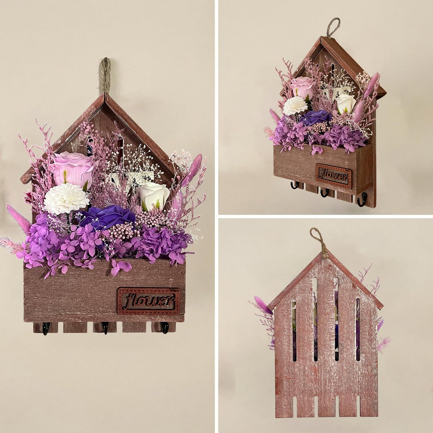 EIGHTOWN Purple Floral Wall Hooks, Farmhouse Wooden House Shape Key Holder with 3 Hooks, Artificial Soap & Dried Flower Decorative Hanger for Entryway, Living Room, Home Decor (Purple)
