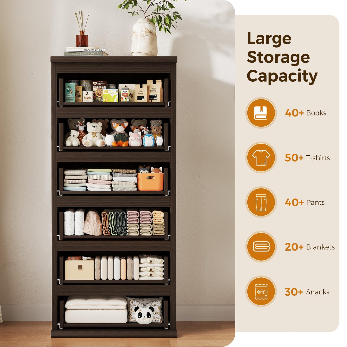 Brown Dresser, 6 Drawer Dresser for Bedroom, Wooden Chest of Drawers with Handleless Drawers, 19.7" W x 15.7" D x 47.2" H Vertical Tall Dresser, Storage Dressers for Living Room, Hallway and Office
