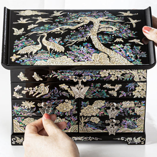 BinNADA Mother of Pearl Black Jewelry Box Elegant Wooden Jewelry Organizer Drawer Decorative Storage earring Organizers Perfect Jewelry Holder for Women Oriental Decor