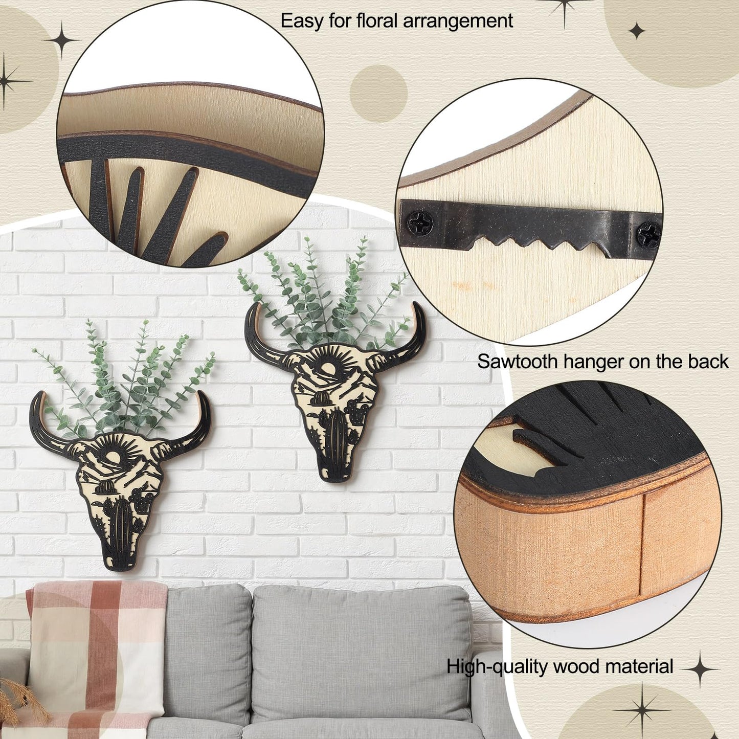 Yiyiring 2 Pcs Western Wall Decoration Wood Cow Skull Wall Planter for Indoor Plants 12 x 8'' Western Flower Hanging Vase for Flower Faux Rustic Home Ornaments for Bathroom Bedroom