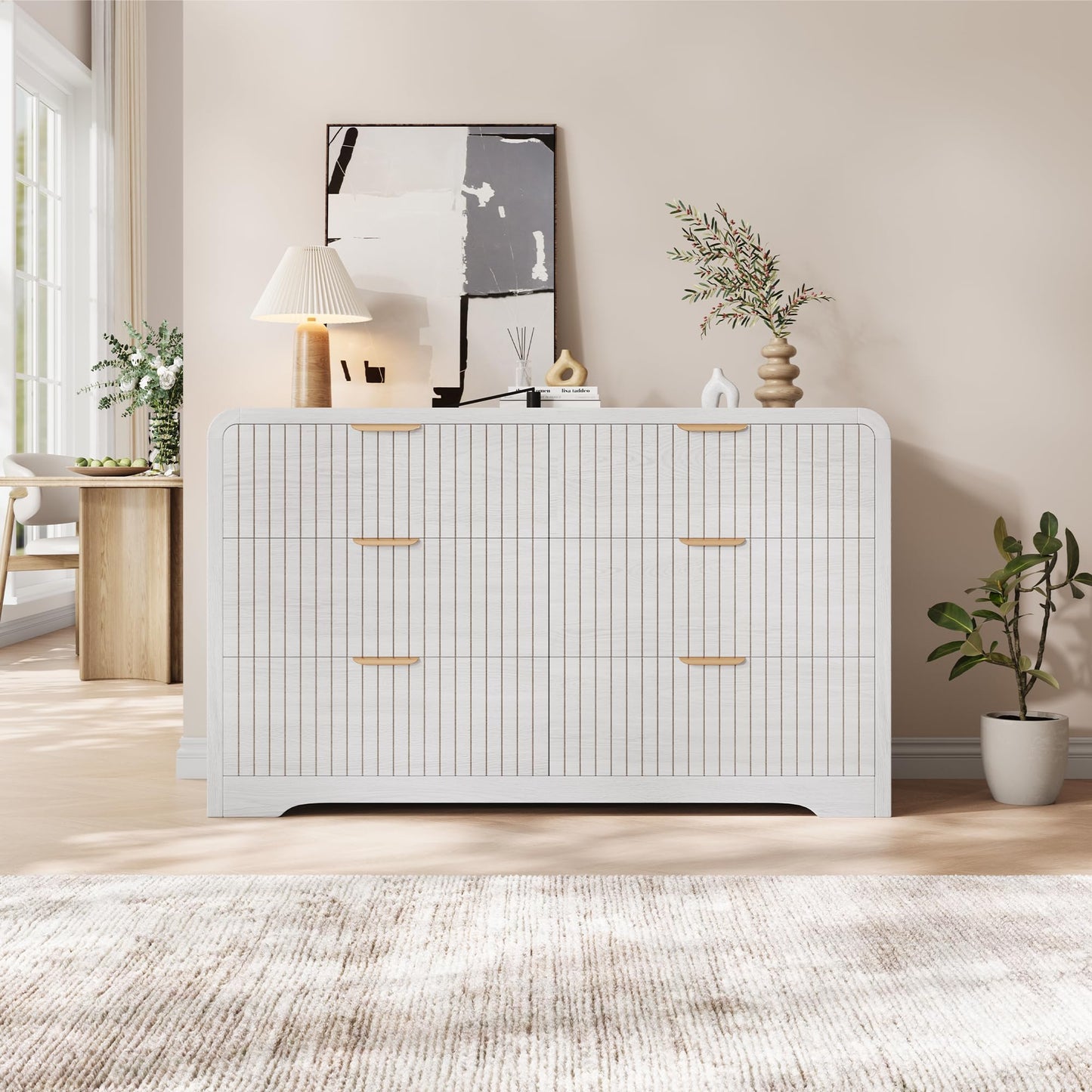 Jocoevol Modern 6 Drawer Dresser for Bedroom, 47" Wide Wood Dressers & Chests of Drawers Curved Profile Design, Mid Century Modern Fluted Dresser for Bedroom, White