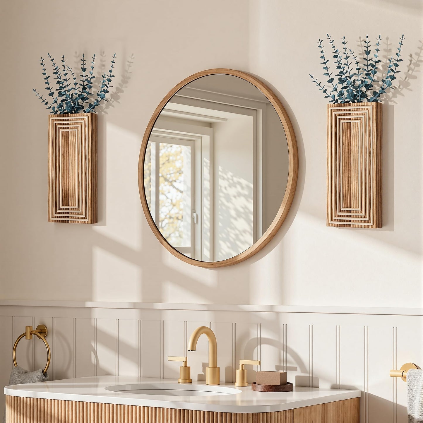 FancyPlus Wooden Wall Planter Vase, 2 Pack Brown Wood Hanging Vases with Fake Eucalyptus for Indoor Modern Boho Farmhouse Wall Art Decor for Home Indoor Kitchen Modern Farmhouse Bathroom