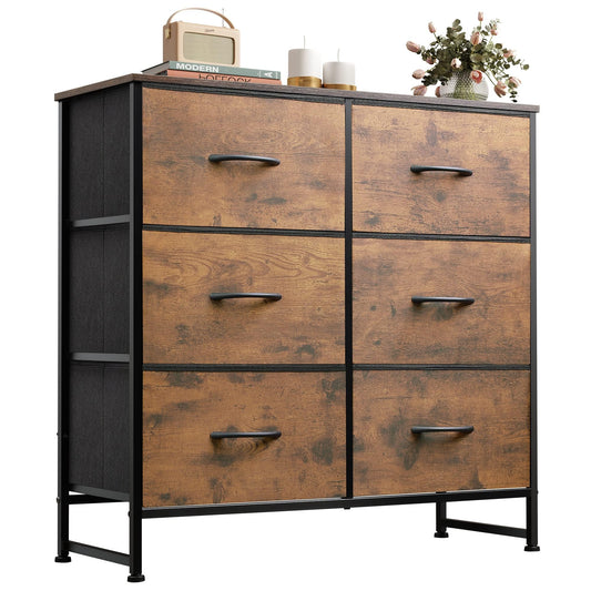 WLIVE Dresser for Bedroom with 6 Drawers, Closet Dresser with Metal Frame, Wooden Top, Fabric Dresser for Closet, Living Room, Hallway, Rustic Brown Wood Grain Print