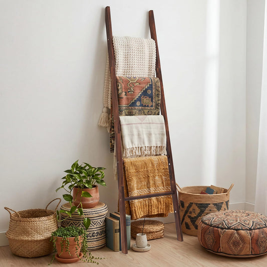 Sintuff Blanket Ladder for Living Room, 5.5ft Wooden Blanket Rack, 5-Tier Natural Leaning Tapered Ladder Shelf for Farmhouse Bedroom Living Room Bathroom Decor, Walnut Brown