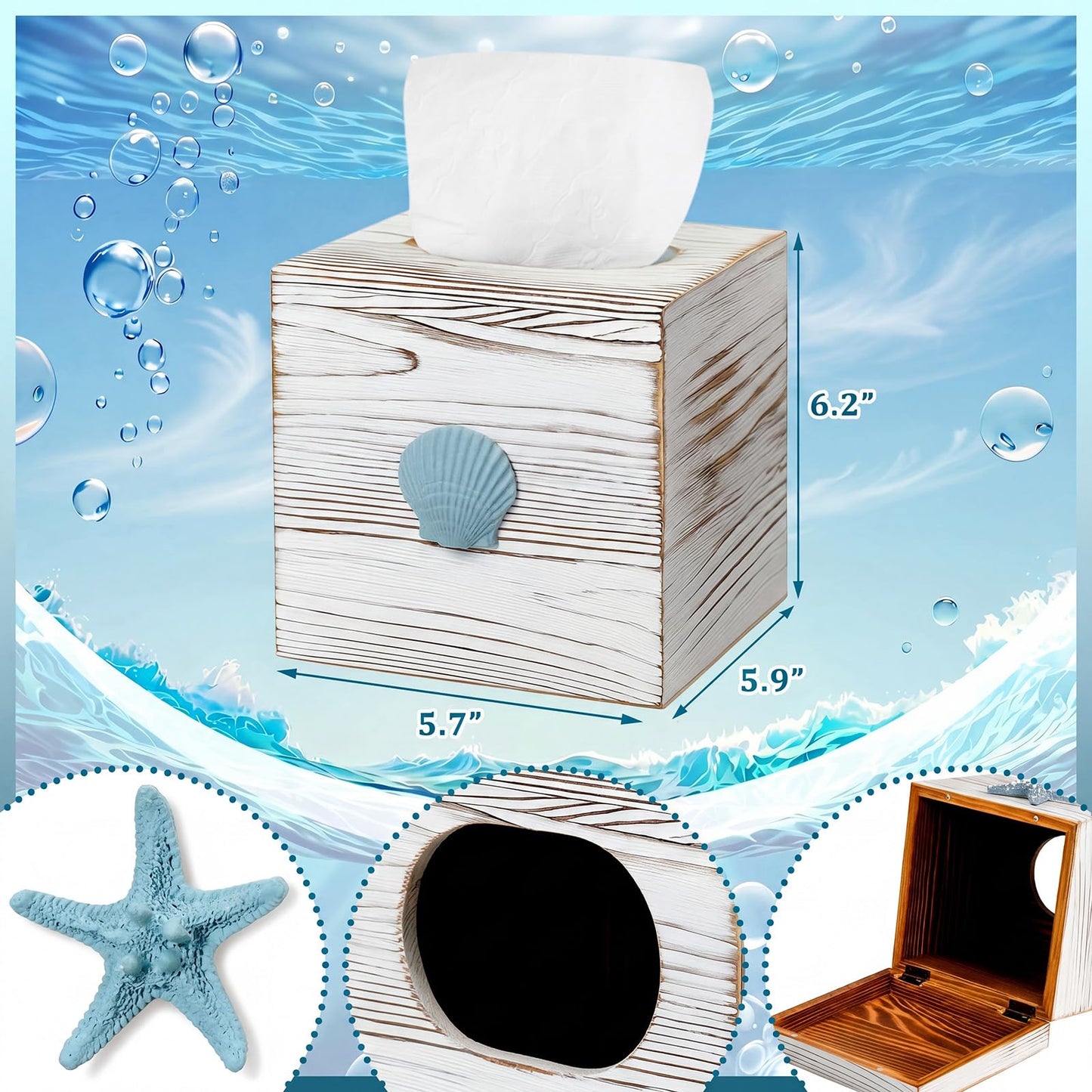 Thyle 2 Pcs Coastal Tissue Box Cover, Wooden Beach Square Tissue Box Holder Closure Starfish Shell Decorations Farmhouse Cube Napkin Holder for Coastal Bathroom Home Accessories Living Room Bedroom