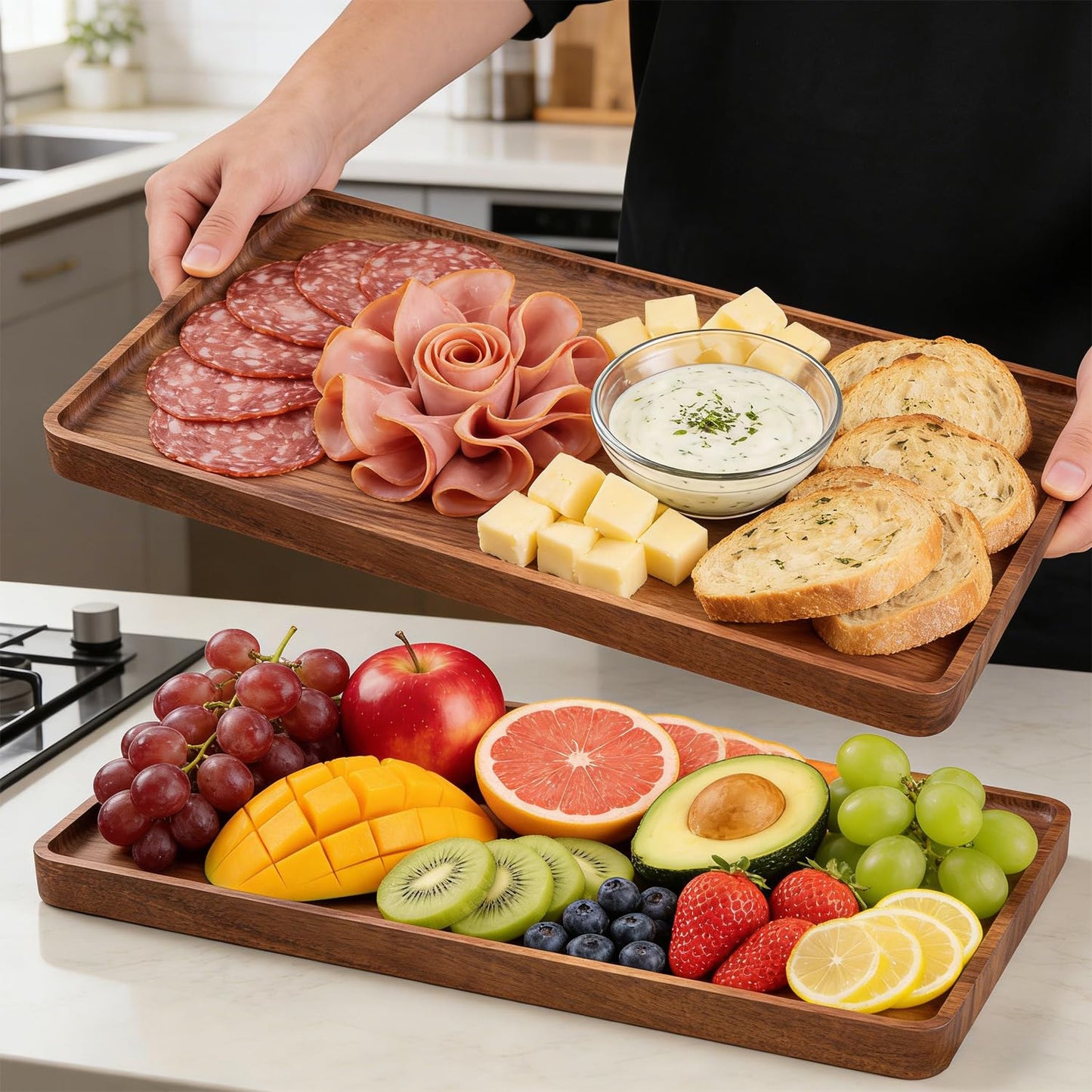 VERTORGAN 2 Pack Acacia Wood Serving Tray,15.8x9.8 Inch Decorative Trays Platter for Coffee Table,Living Room,Bar,Party,Mini Charcuterie Boards Cheese Board,Home Decor