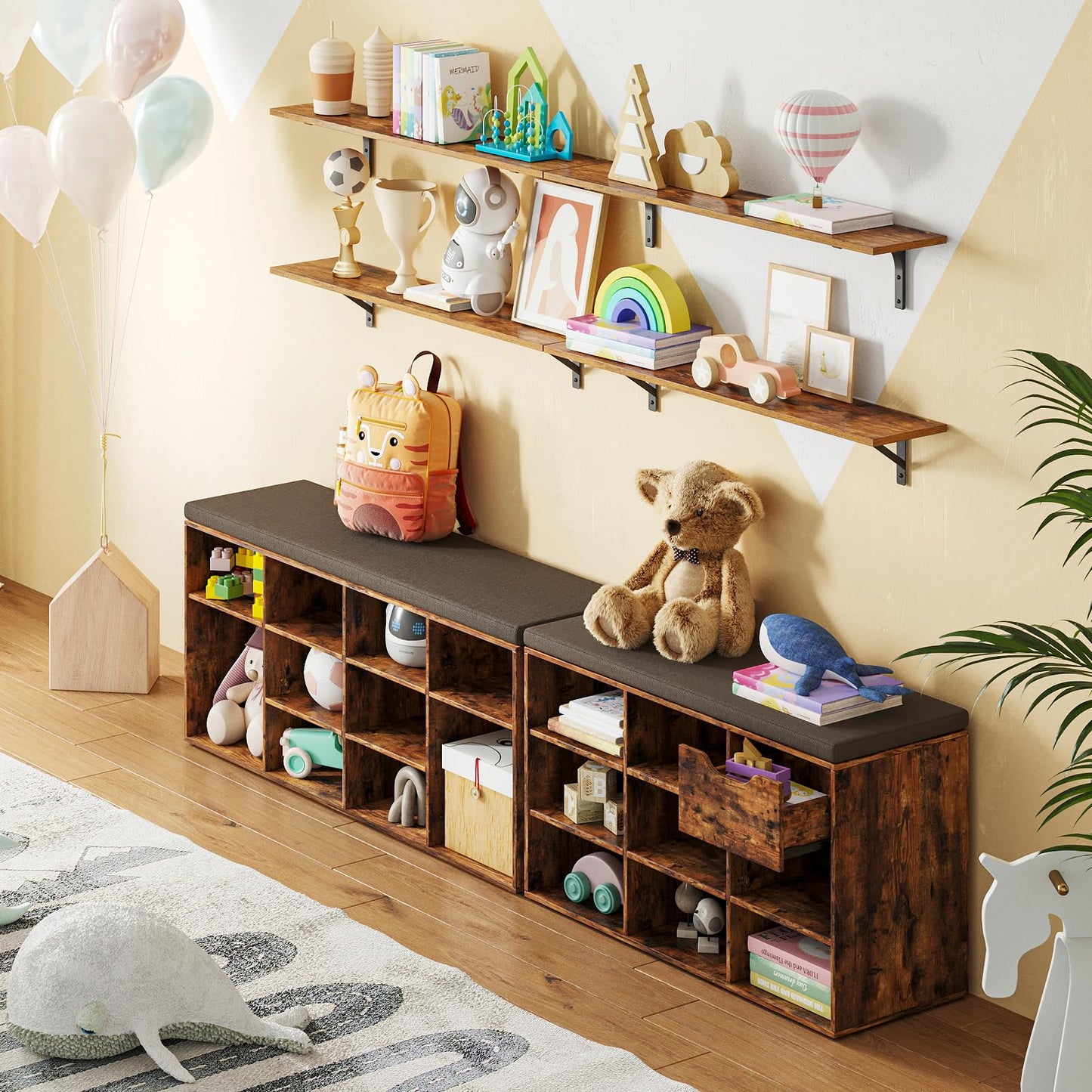DINZI LVJ Long Wall Shelves, 47.3Inch Floating Shelves Set of 2, Extra Large Wall Storage Ledges with Sturdy Metal Brackets for Living Room, Bathroom, Bedroom, Kitchen, Rustic Brown
