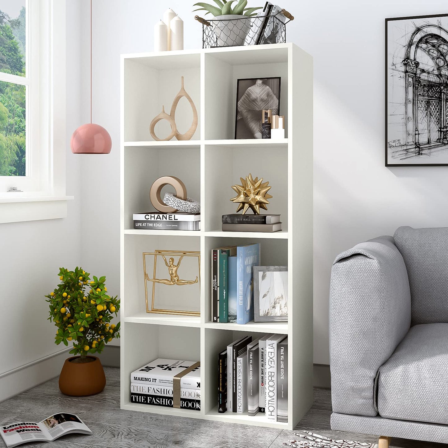 OSCHF 8-Cube Storage Shelf Bookcase - Wooden 4-Tier Floor Standing Open Bookshelf, Modern TV Stand up to 55 Inchs for Home and Office, Warm White